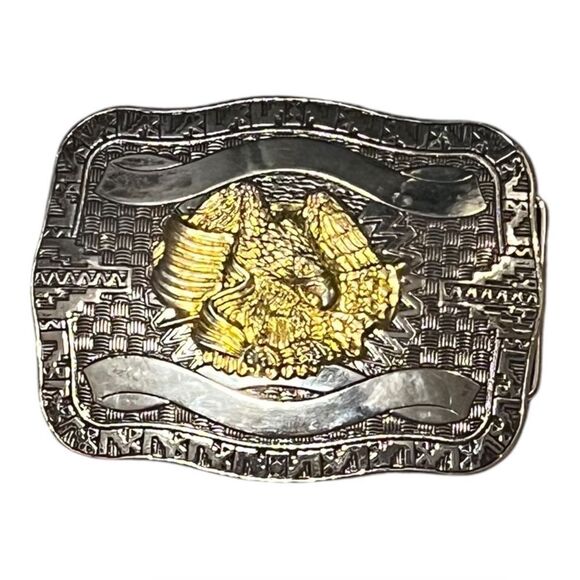 Western Style Two Tone American Eagle Belt Buckle Silver Tone Gold Tone - Picture 1 of 3